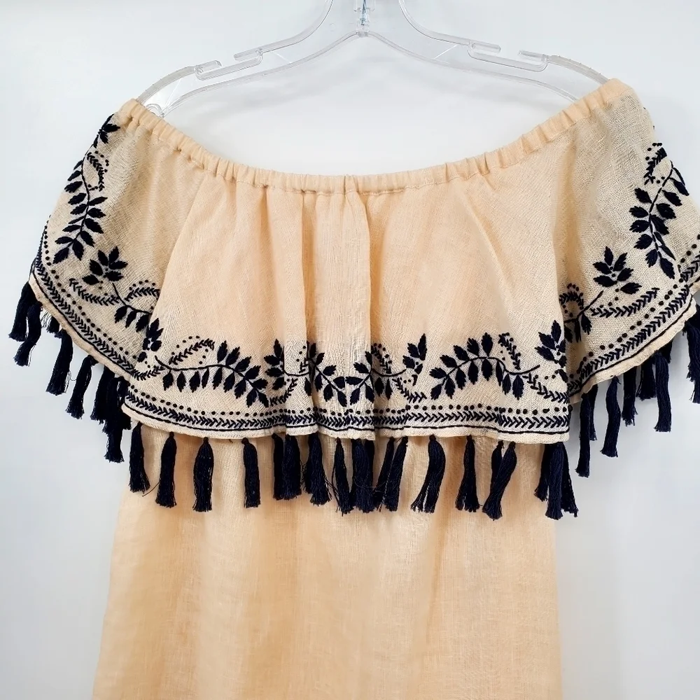 St. Roche 100% Linen Off Shoulder Embroidered Tassel Mini Dress
